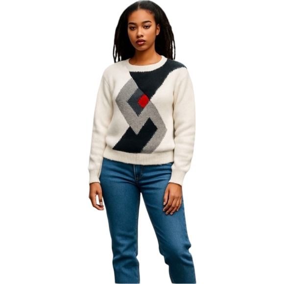 Vtg 80s Hand knit Bramble Lane geometric Chunky pattern white/black sweater Sz S - Picture 9 of 10